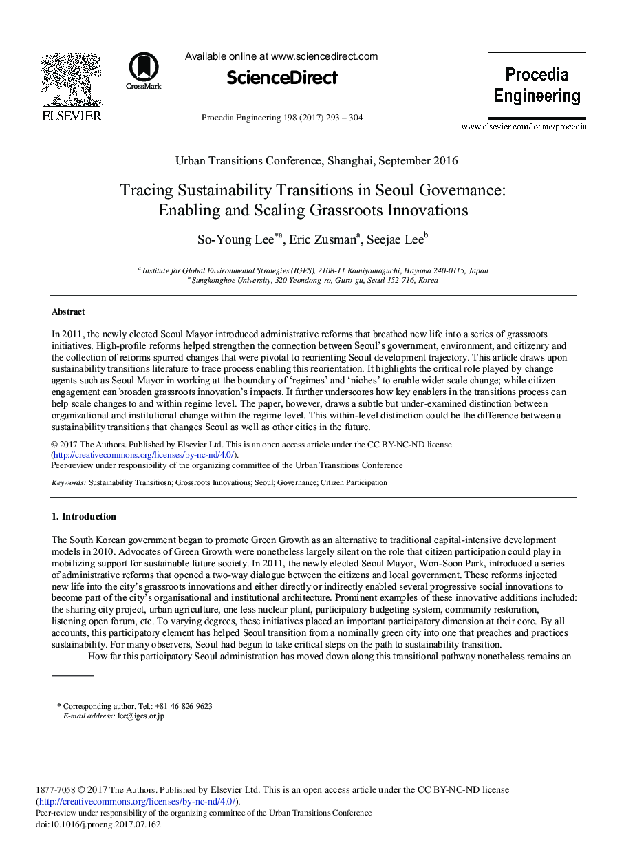 Tracing Sustainability Transitions in Seoul Governance: Enabling and Scaling Grassroots Innovations