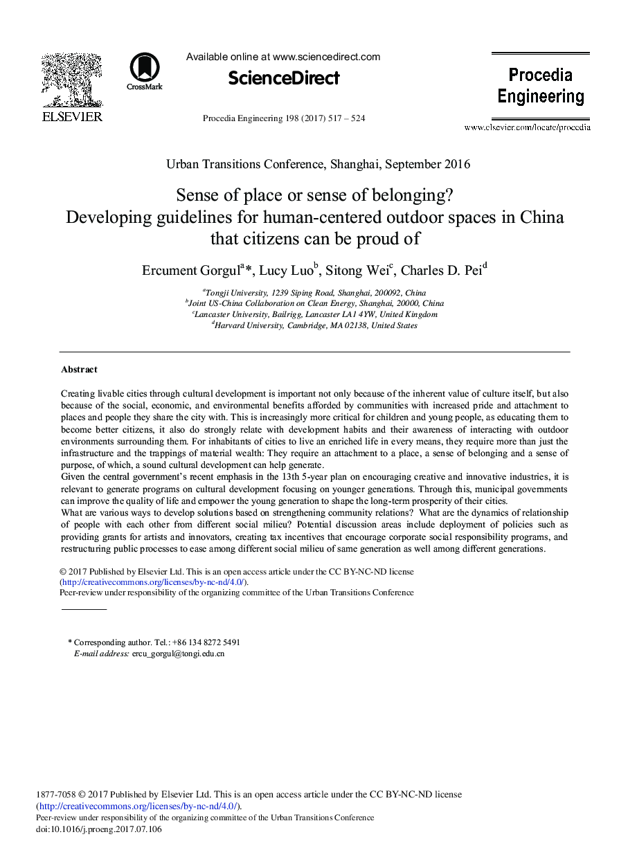 Sense of Place or Sense of Belonging? Developing Guidelines for Human-centered Outdoor Spaces in China that Citizens Can be Proud of