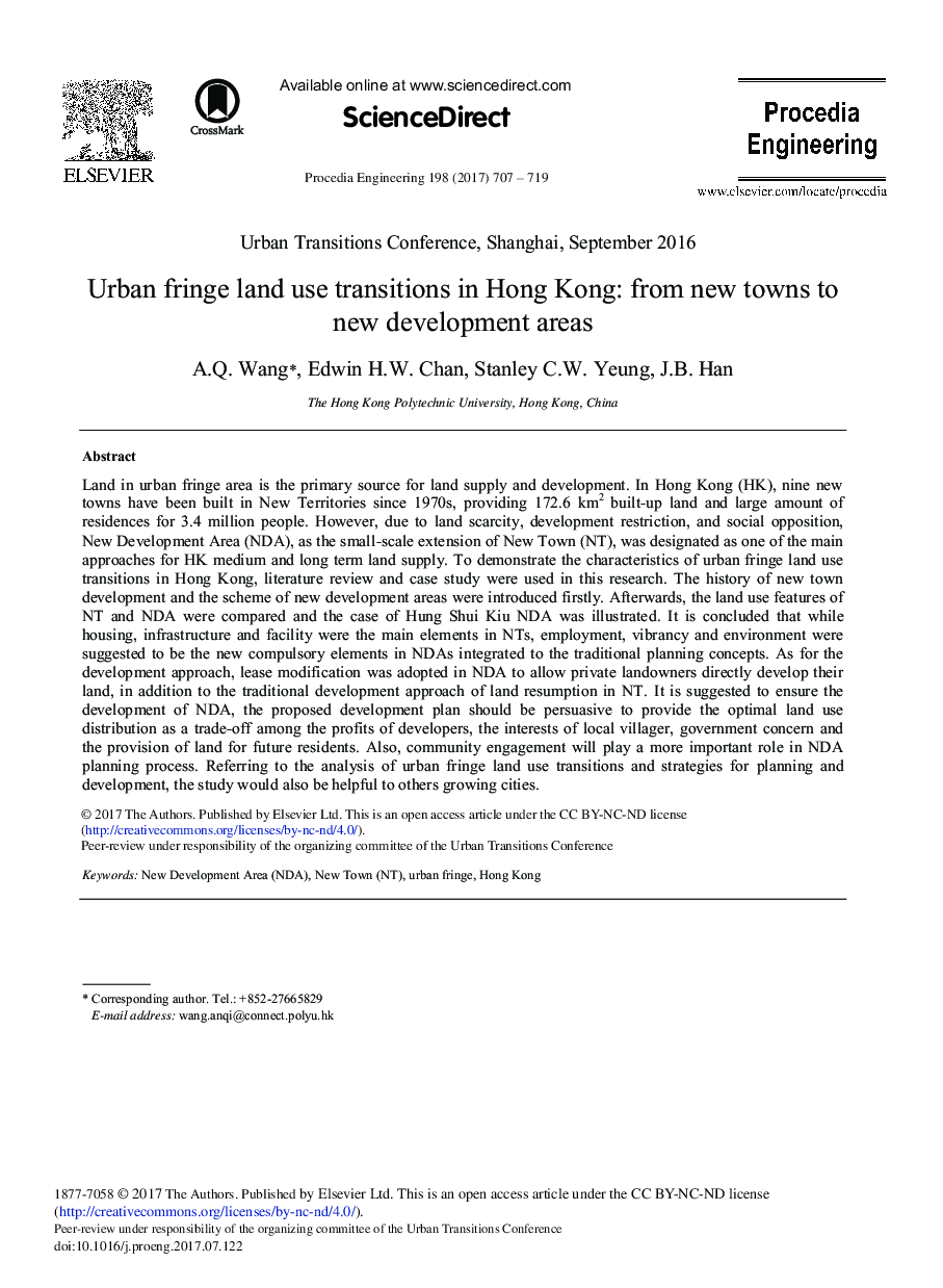 Urban Fringe Land Use Transitions in Hong Kong: From New Towns to New Development Areas