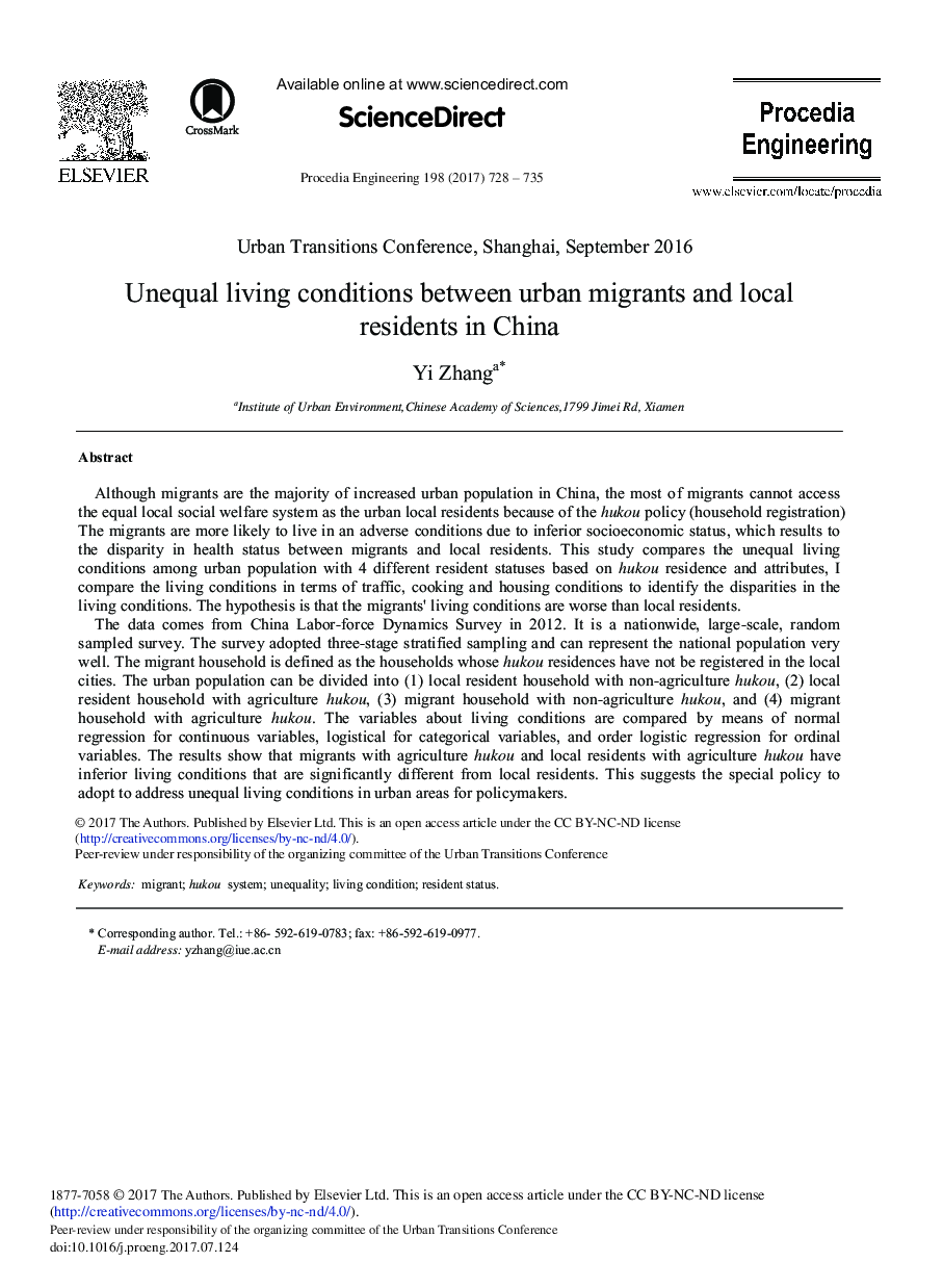 Unequal Living Conditions between Urban Migrants and Local Residents in China