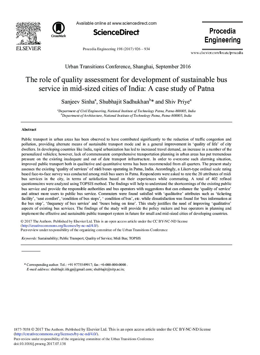 نقش ارزیابی کیفی برای توسعه خدمات اتوبوس پایدار در شهرهای متوسط ​​هند: مطالعه موردی پاتنا 