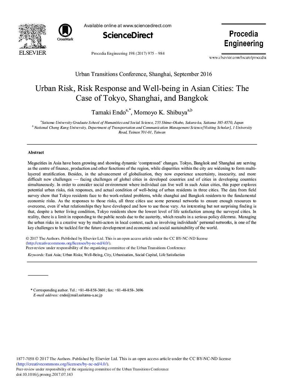 Urban Risk, Risk Response and Well-being in Asian Cities: The Case of Tokyo, Shanghai, and Bangkok