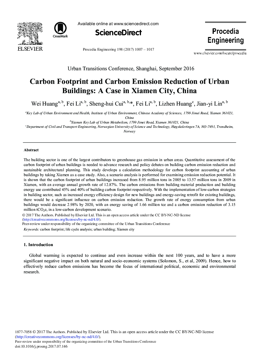 Carbon Footprint and Carbon Emission Reduction of Urban Buildings: A Case in Xiamen City, China