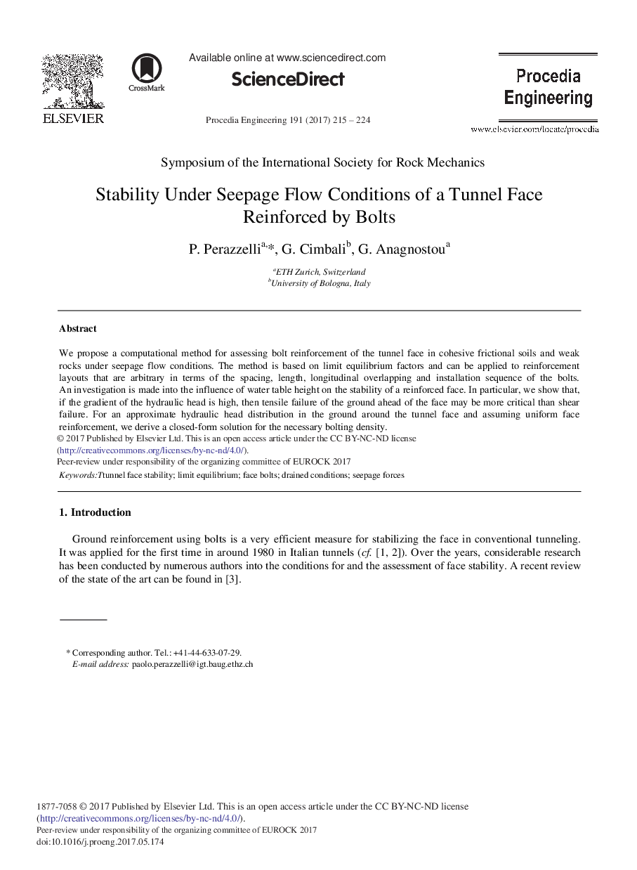 Stability under Seepage Flow Conditions of a Tunnel Face Reinforced by Bolts