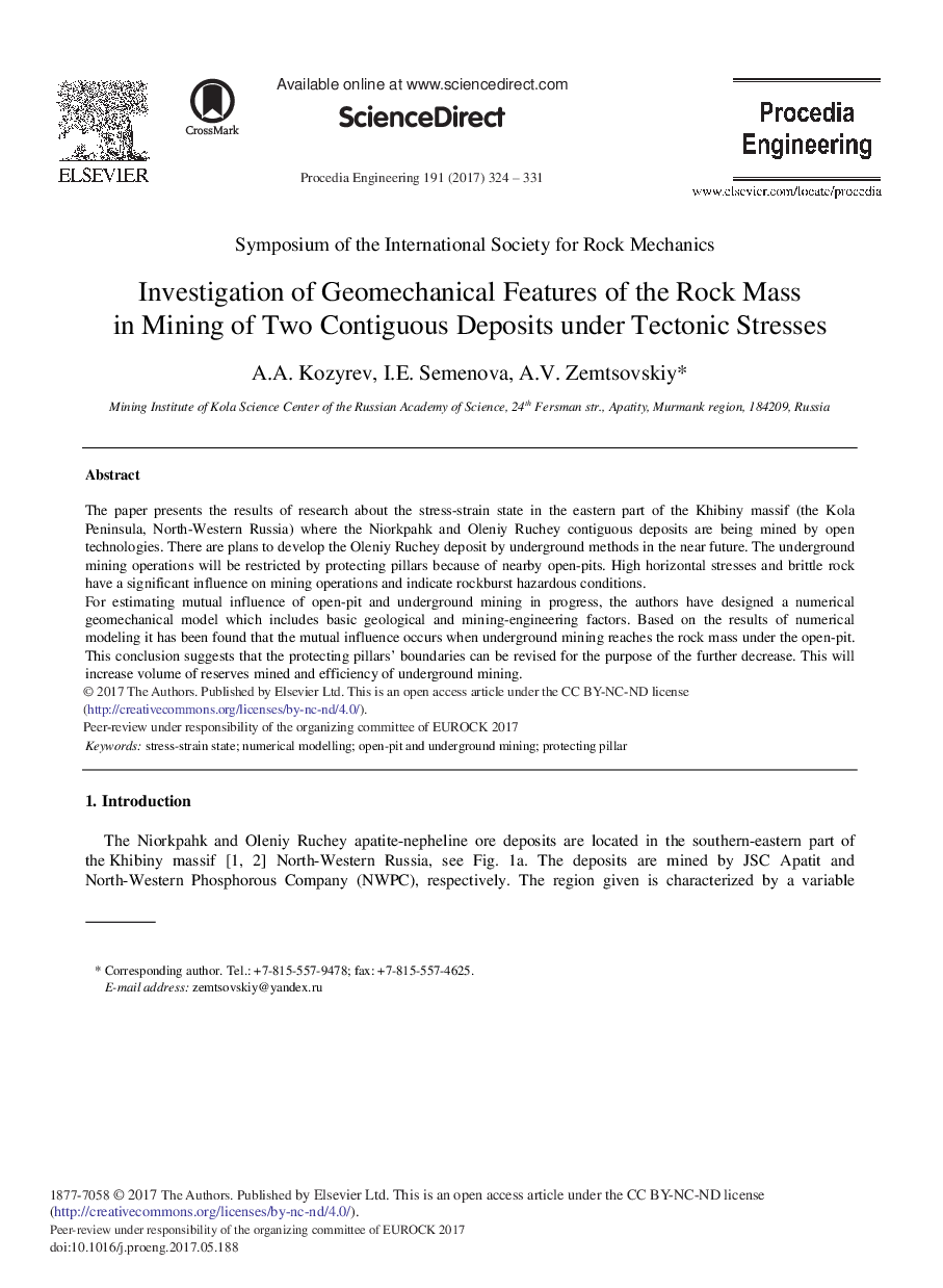 Investigation of Geomechanical Features of the Rock Mass in Mining of Two Contiguous Deposits under Tectonic Stresses