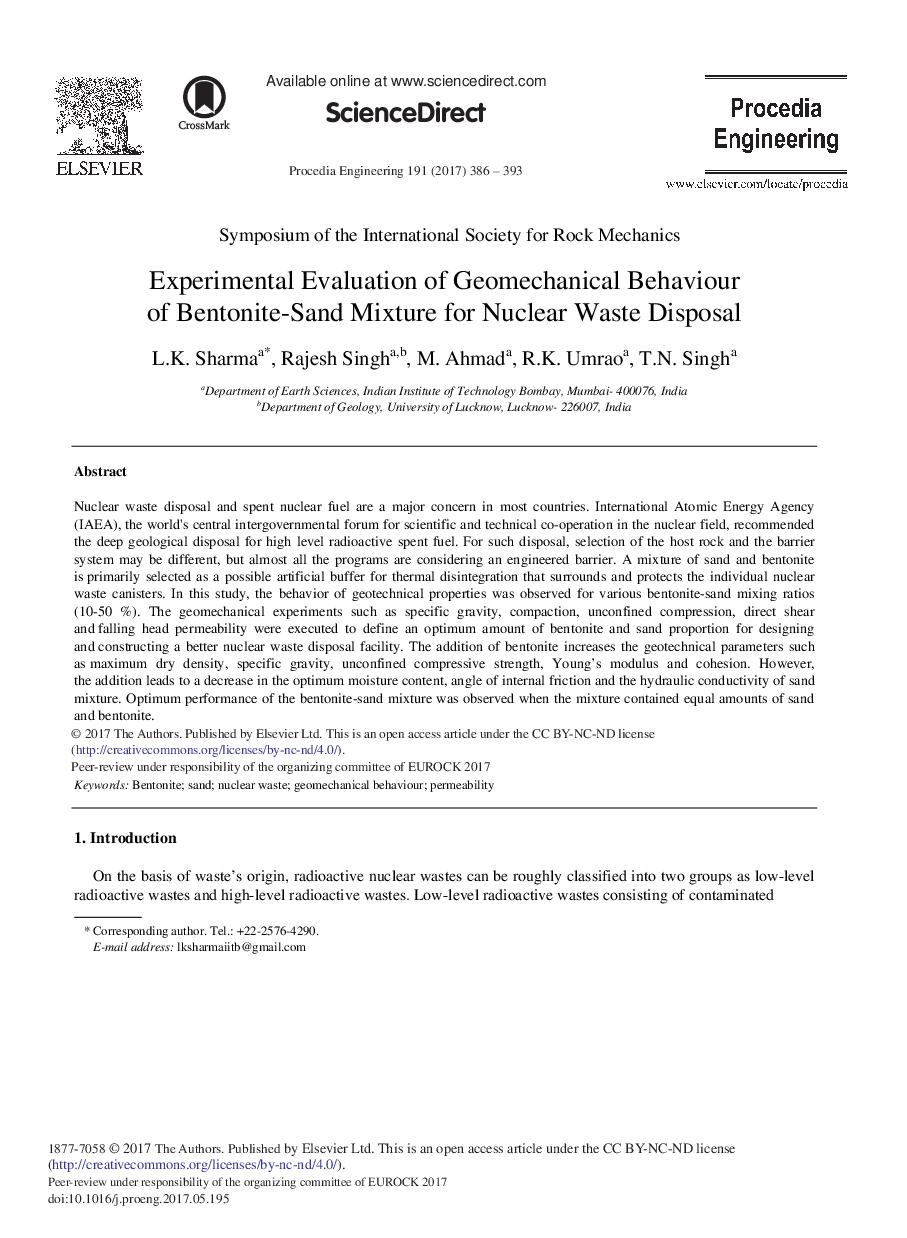 Experimental Evaluation of Geomechanical Behaviour of Bentonite-Sand Mixture for Nuclear Waste Disposal