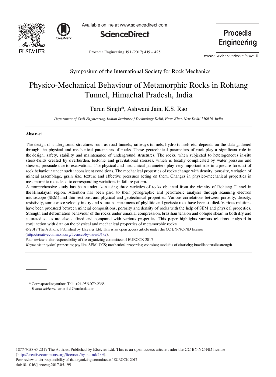 Physico-mechanical Behaviour of Metamorphic Rocks in Rohtang Tunnel, Himachal Pradesh, India