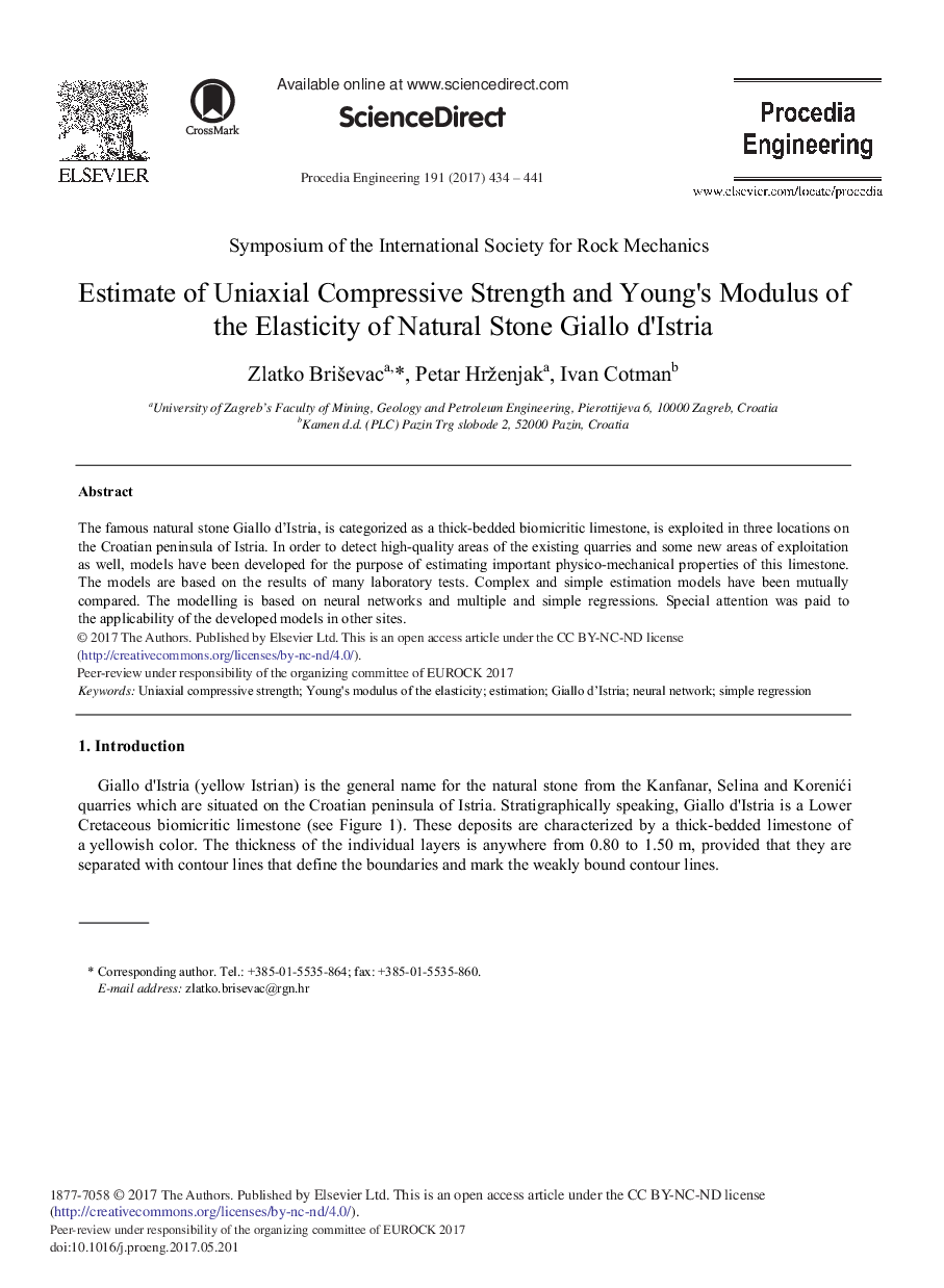 Estimate of Uniaxial Compressive Strength and Young's Modulus of the Elasticity of Natural Stone Giallo d'Istria