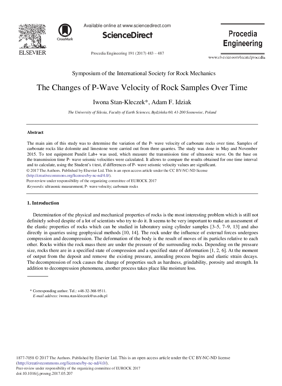 The Changes of P-Wave Velocity of Rock Samples Over Time