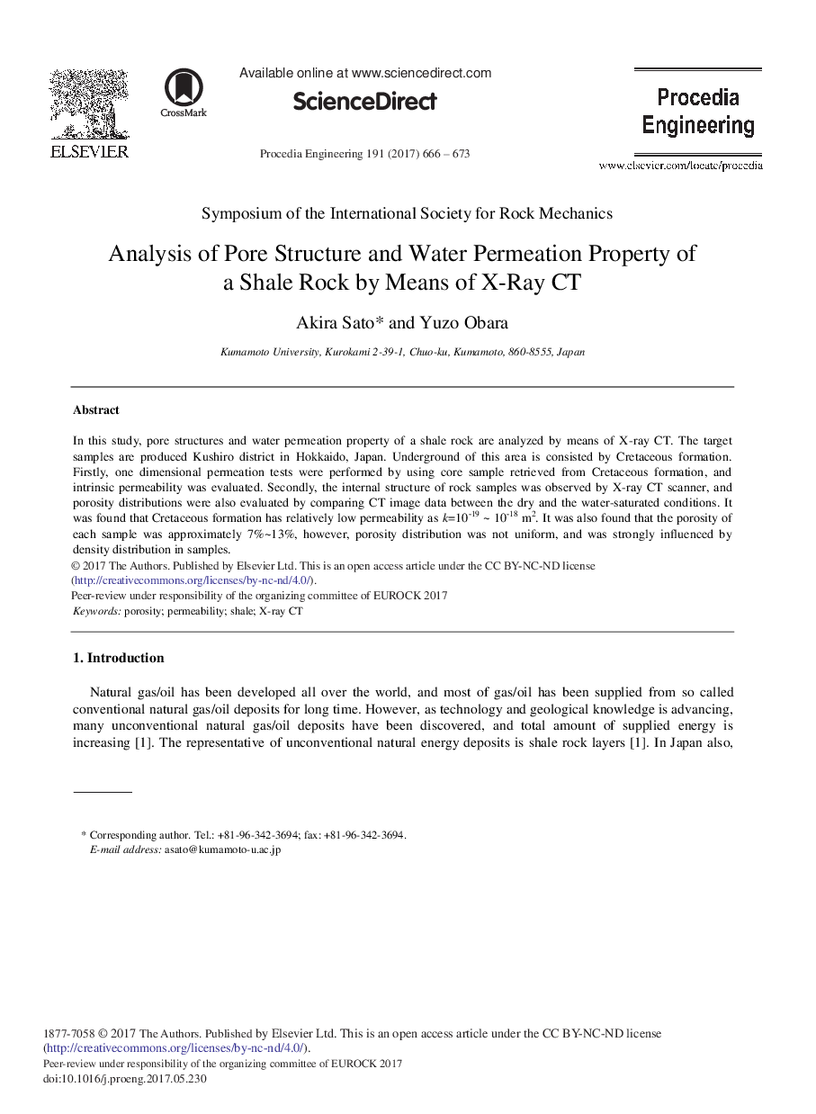 Analysis of Pore Structure and Water Permeation Property of a Shale Rock by Means of X-Ray CT