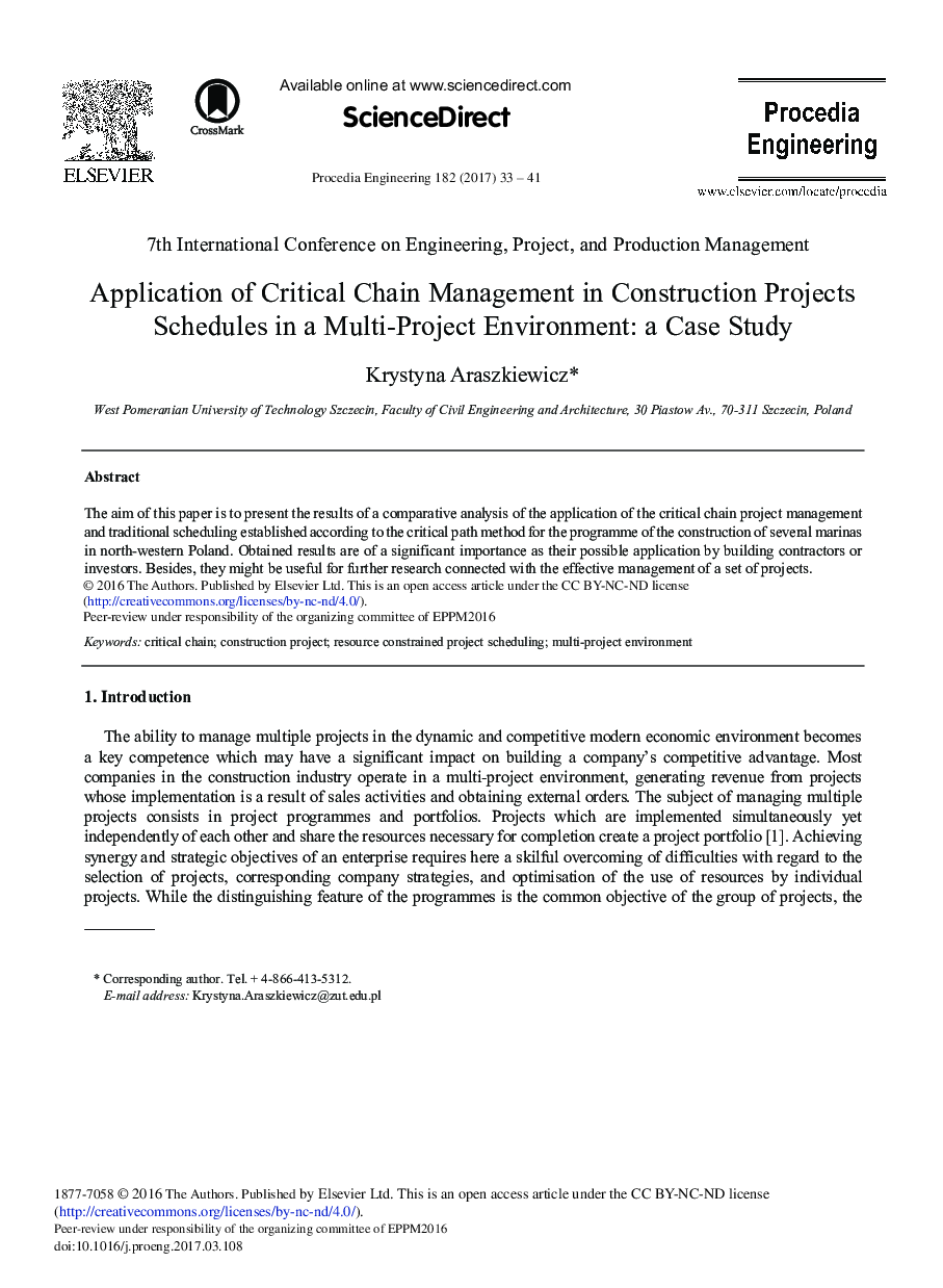 Application of Critical Chain Management in Construction Projects Schedules in a Multi-Project Environment: A Case Study