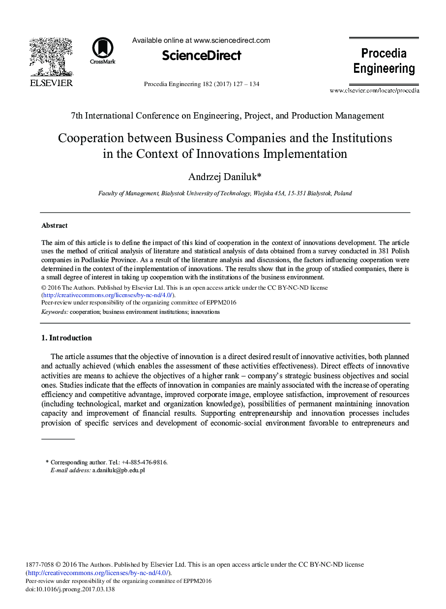 Cooperation between Business Companies and the Institutions in the Context of Innovations Implementation