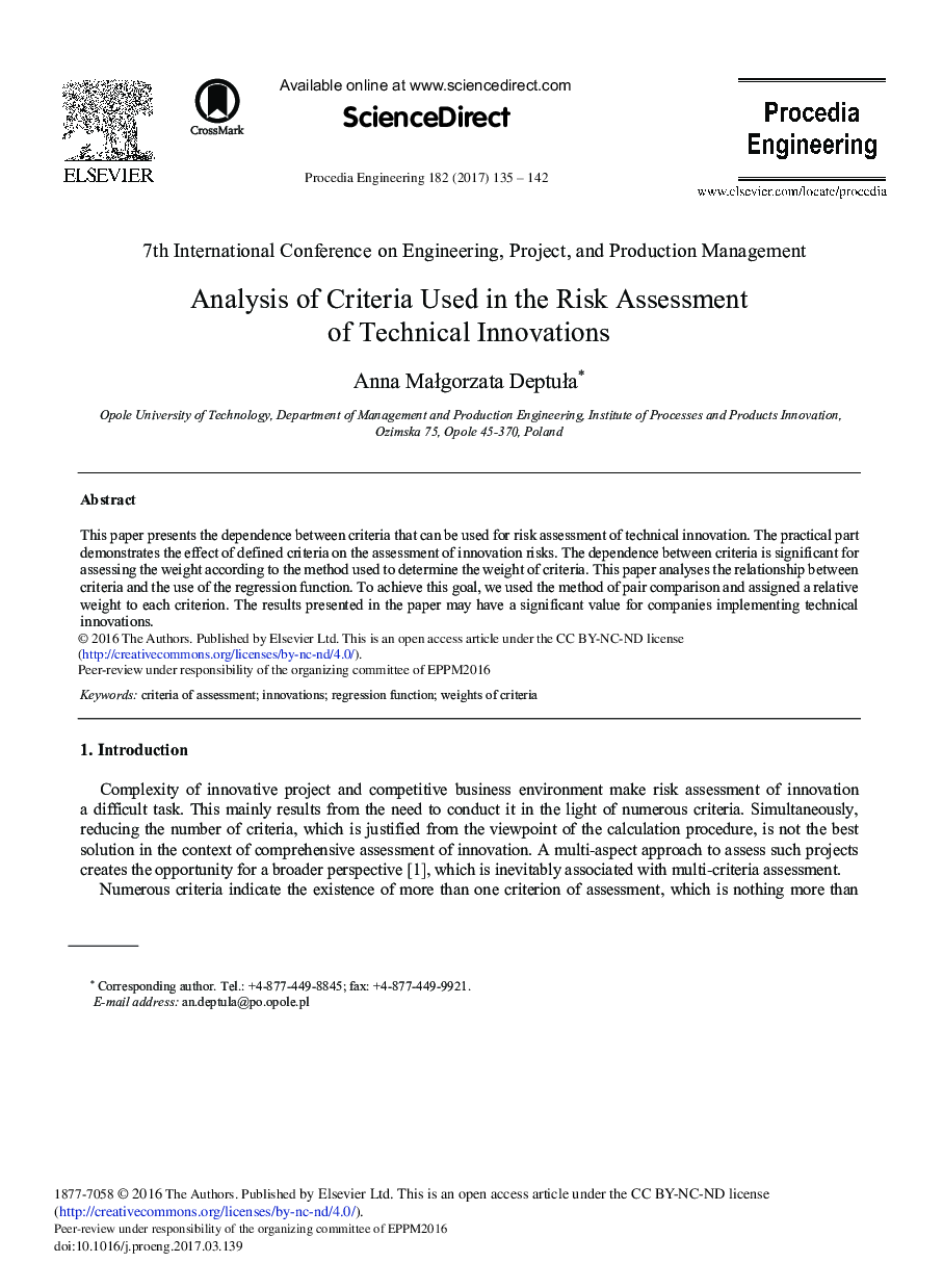 Analysis of Criteria Used in the Risk Assessment of Technical Innovations