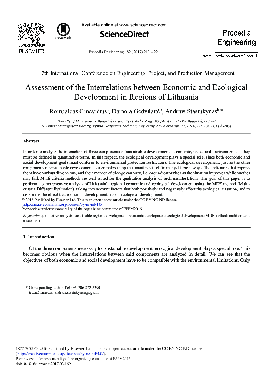 Assessment of the Interrelations between Economic and Ecological Development in Regions of Lithuania