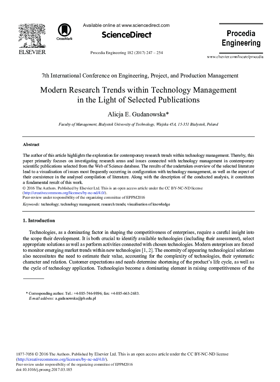 Modern Research Trends within Technology Management in the Light of Selected Publications