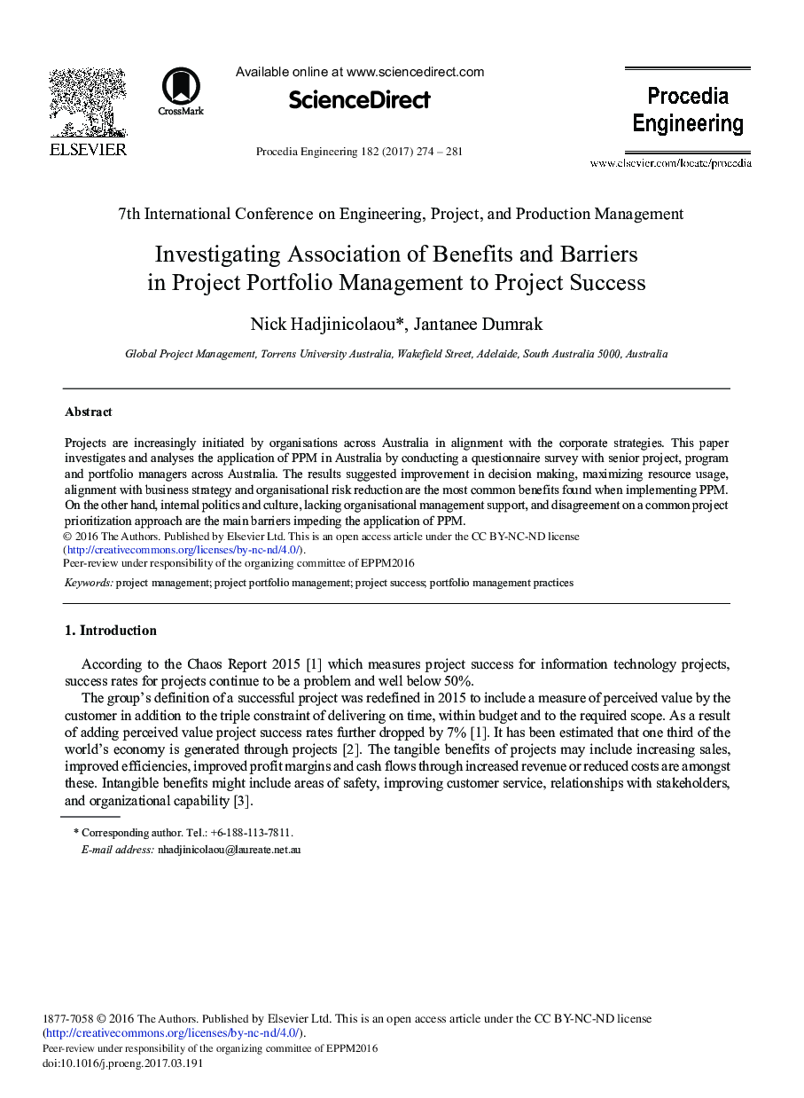 Investigating Association of Benefits and Barriers in Project Portfolio Management to Project Success