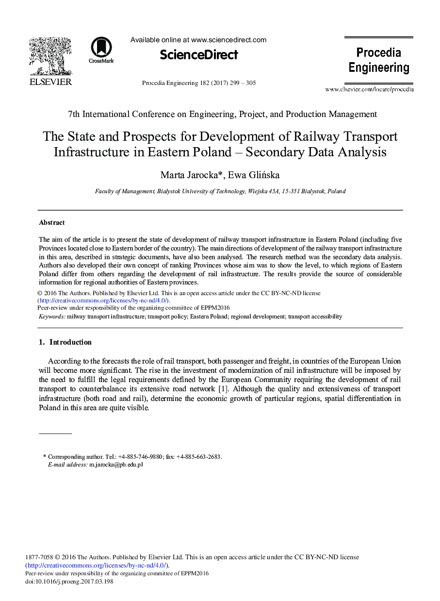 The State and Prospects for Development of Railway Transport Infrastructure in Eastern Poland - Secondary Data Analysis