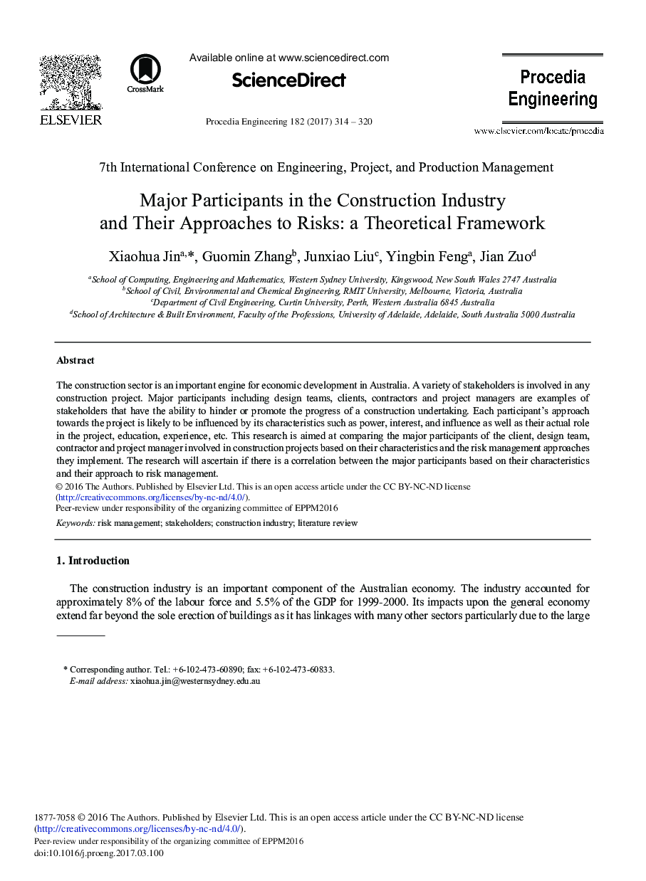 Major Participants in the Construction Industry and Their Approaches to Risks: A Theoretical Framework