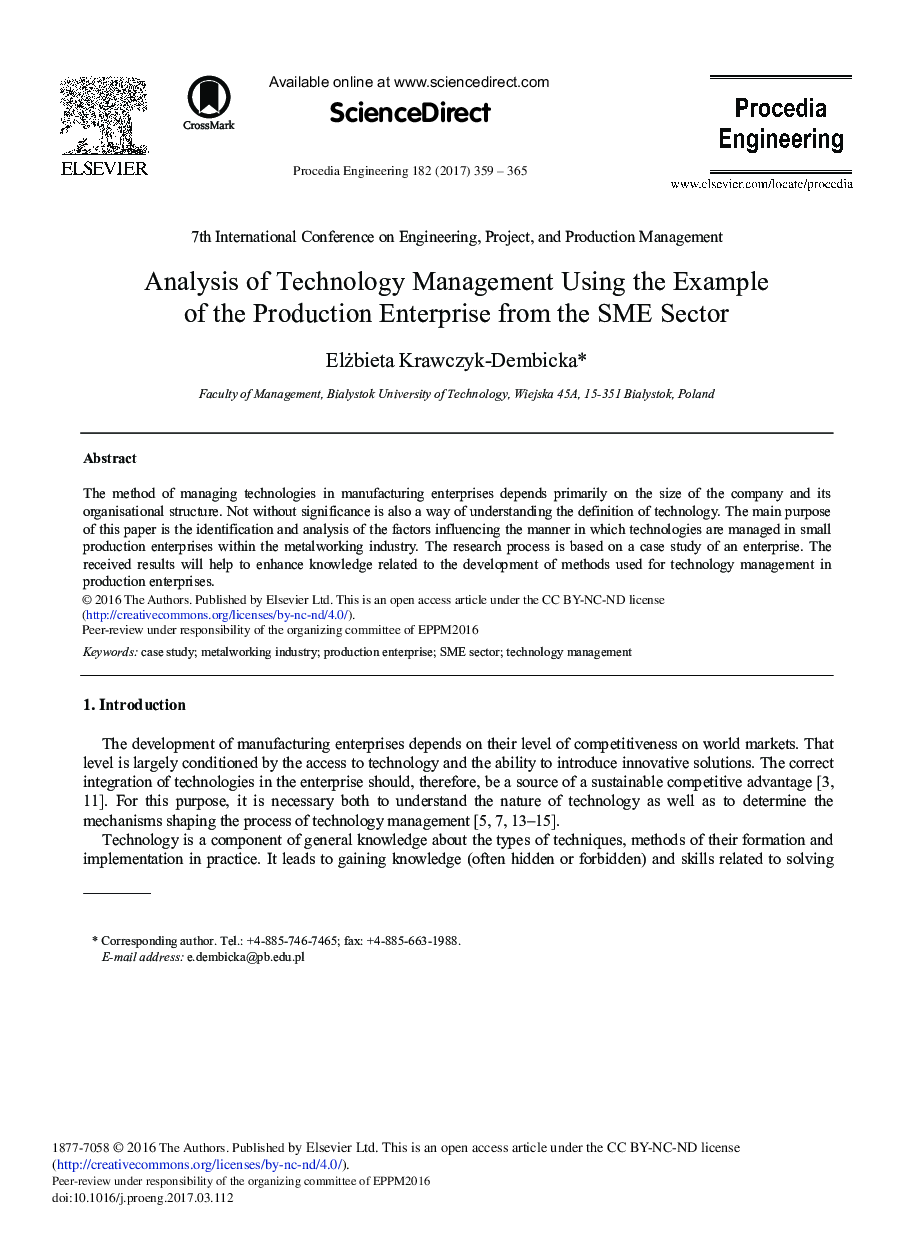 Analysis of Technology Management Using the Example of the Production Enterprise from the SME Sector