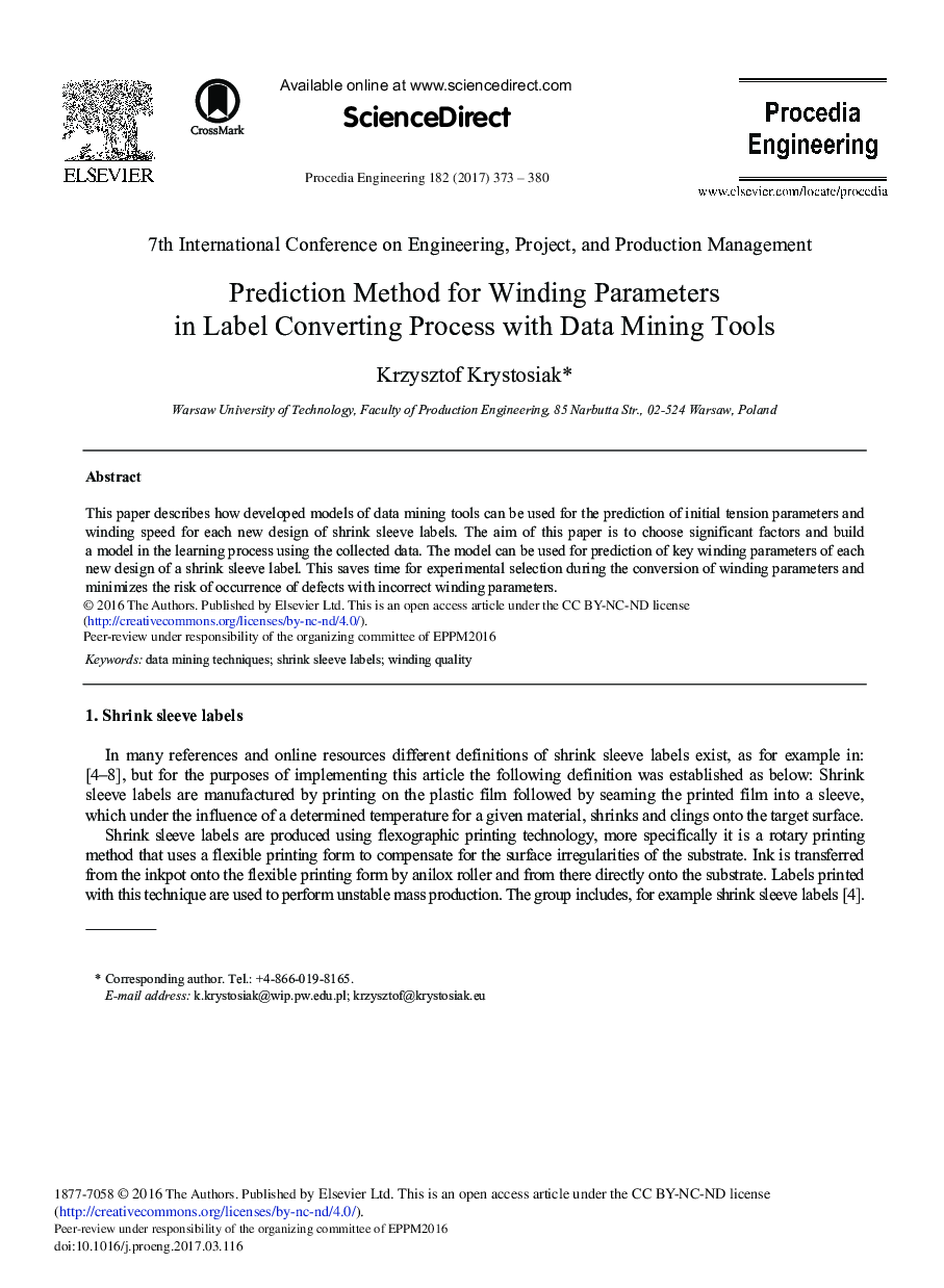 Prediction Method for Winding Parameters in Label Converting Process with Data Mining Tools