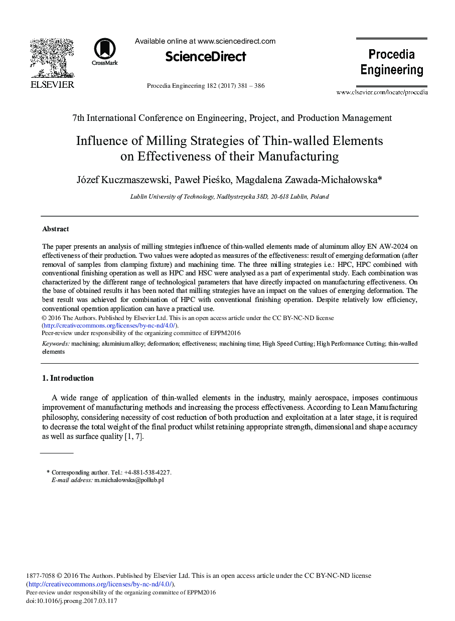 Influence of Milling Strategies of Thin-walled Elements on Effectiveness of their Manufacturing