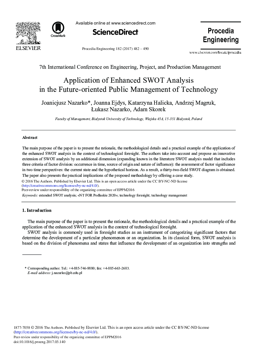 Application of Enhanced SWOT Analysis in the Future-oriented Public Management of Technology