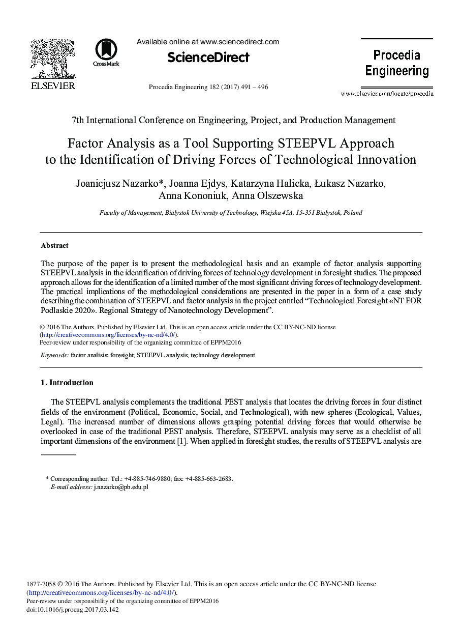 Factor Analysis as a Tool Supporting STEEPVL Approach to the Identification of Driving Forces of Technological Innovation