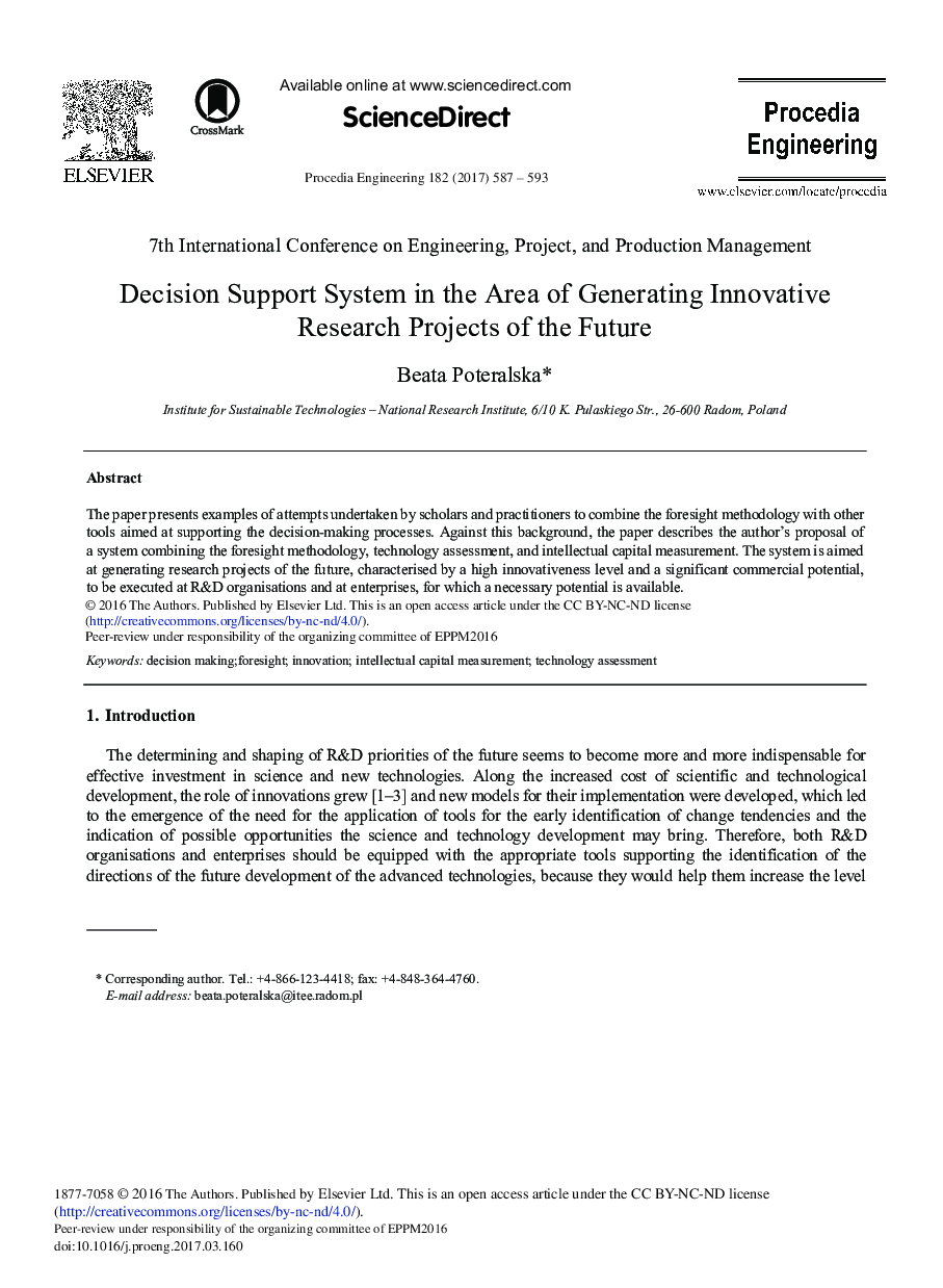 Decision Support System in the Area of Generating Innovative Research Projects of the Future