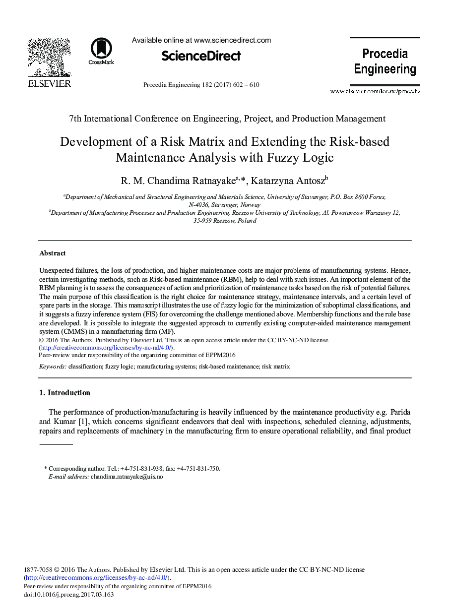 Development of a Risk Matrix and Extending the Risk-based Maintenance Analysis with Fuzzy Logic