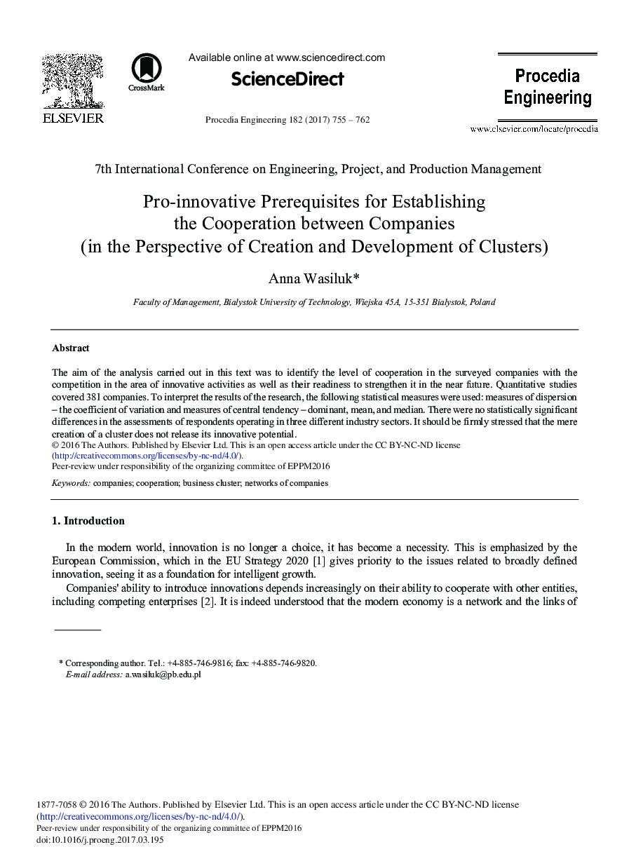 Pro-innovative Prerequisites for Establishing the Cooperation between Companies (in the Perspective of Creation and Development of Clusters)