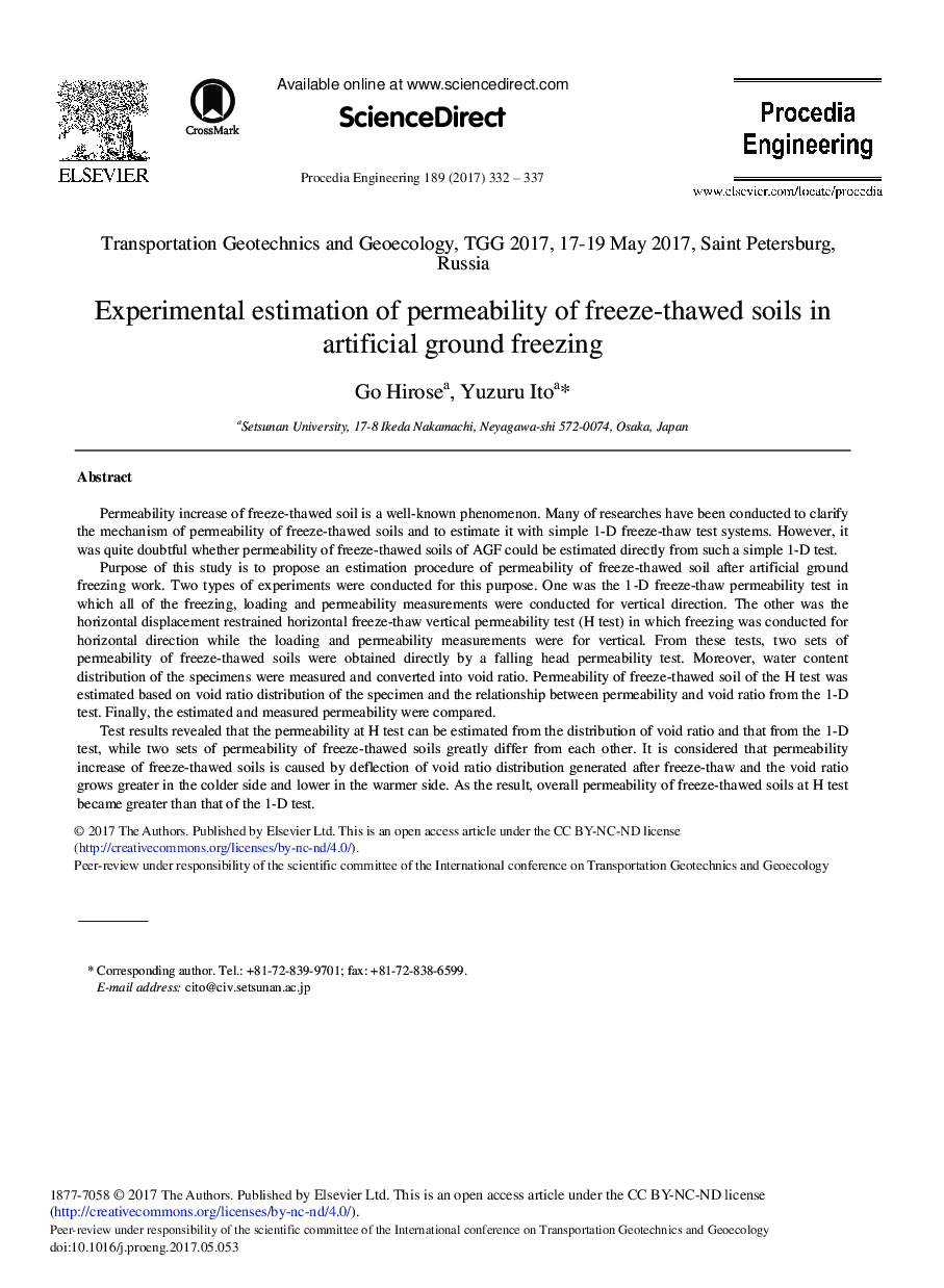 Experimental Estimation of Permeability of Freeze-thawed Soils in Artificial Ground Freezing