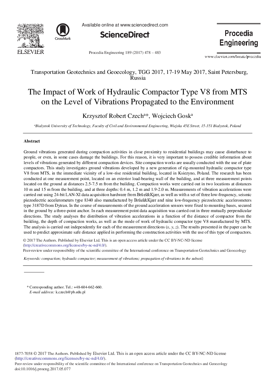 The Impact of Work of Hydraulic Compactor Type V8 from MTS on the Level of Vibrations Propagated to the Environment