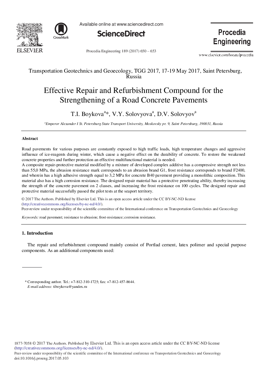 Effective Repair and Refurbishment Compound for the Strengthening of a Road Concrete Pavements