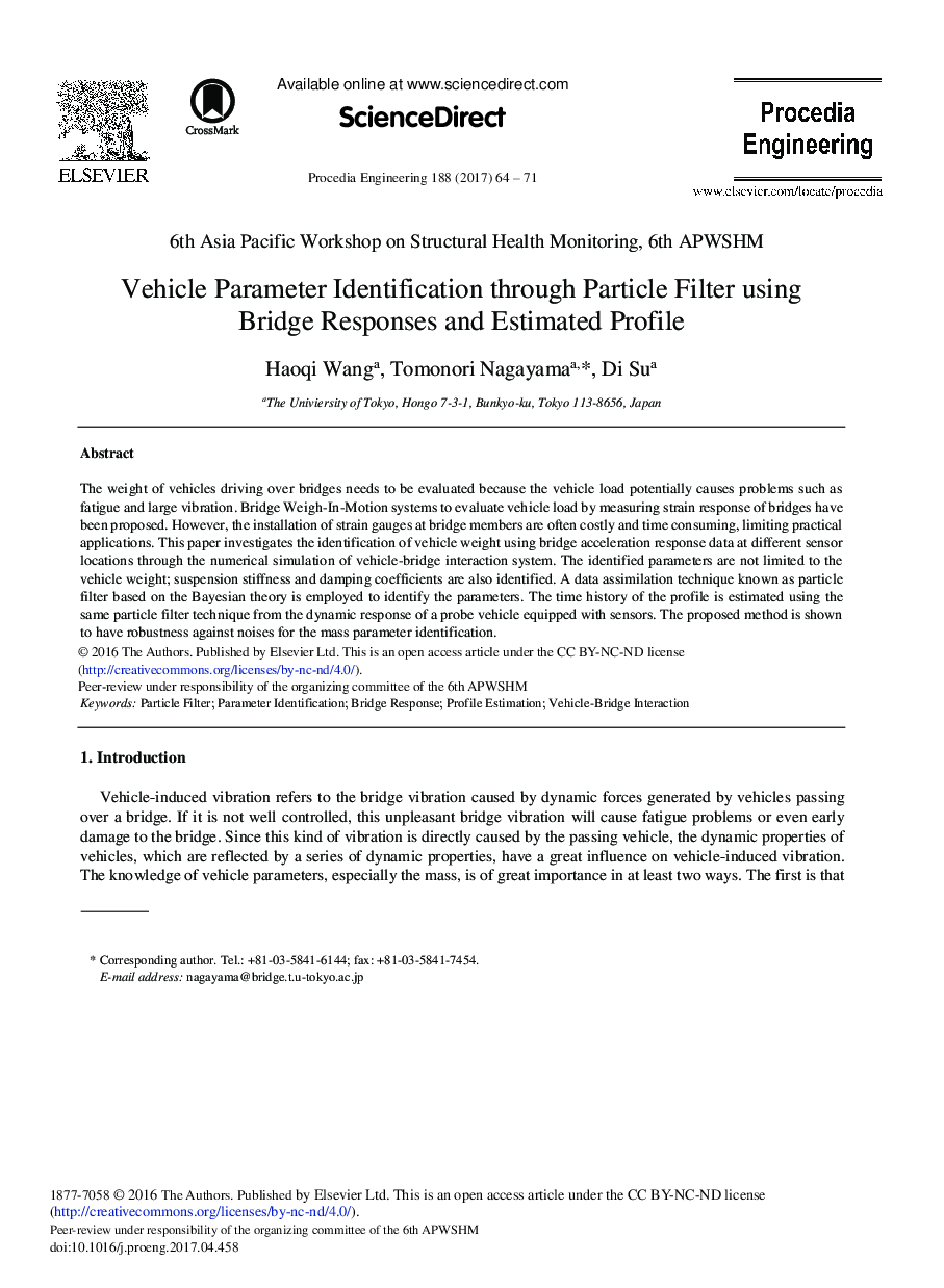 Vehicle Parameter Identification through Particle Filter using Bridge Responses and Estimated Profile