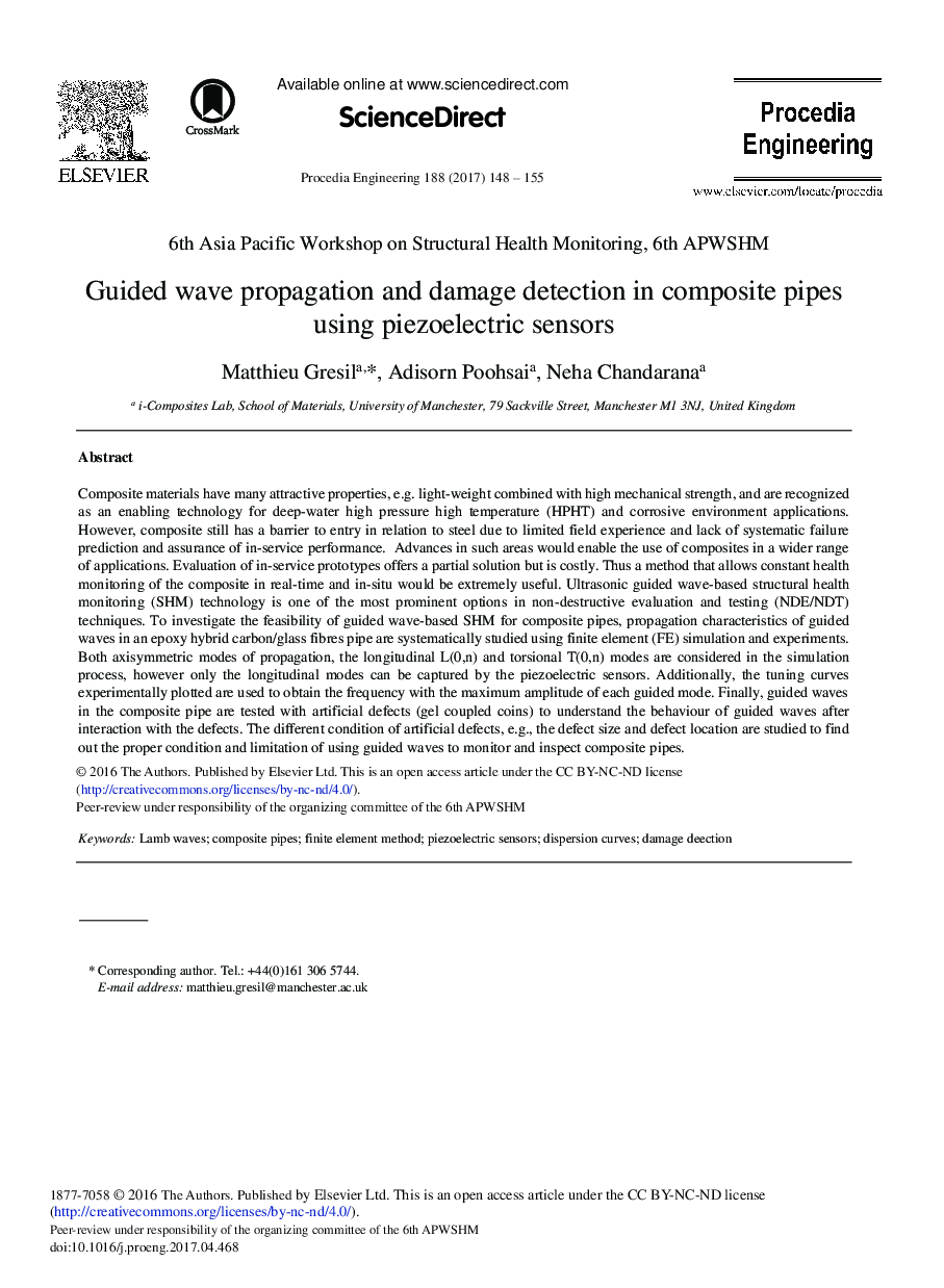 Guided Wave Propagation and Damage Detection in Composite Pipes Using Piezoelectric Sensors