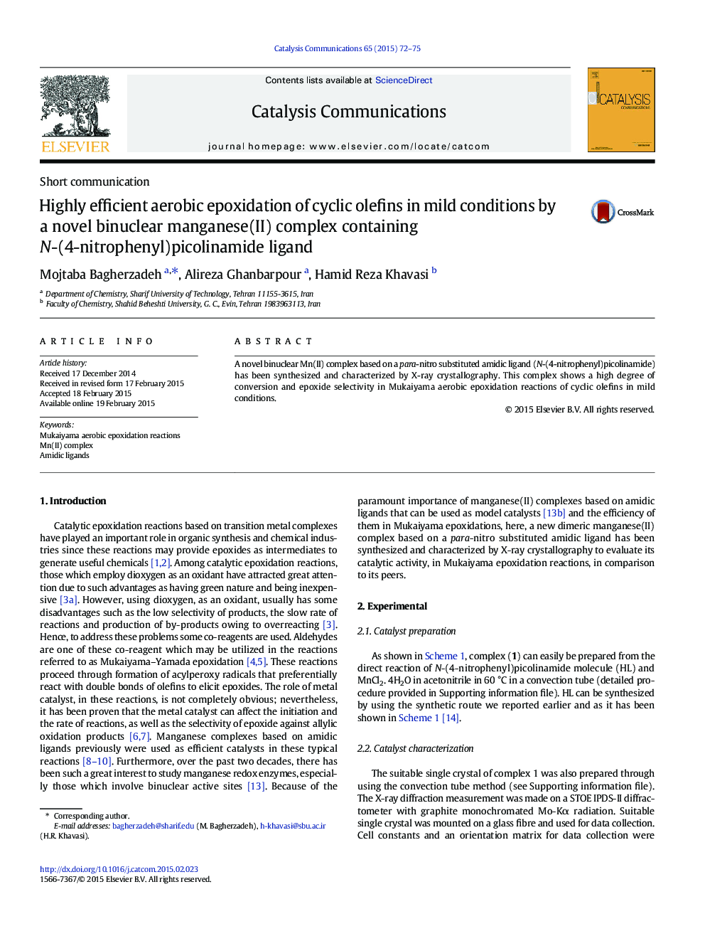 Highly efficient aerobic epoxidation of cyclic olefins in mild conditions by a novel binuclear manganese(II) complex containing N-(4-nitrophenyl)picolinamide ligand