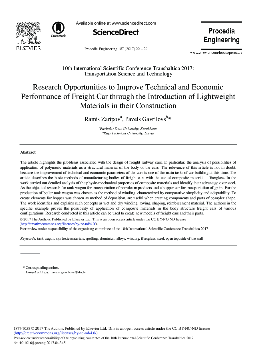 Research Opportunities to Improve Technical and Economic Performance of Freight Car through the Introduction of Lightweight Materials in their Construction