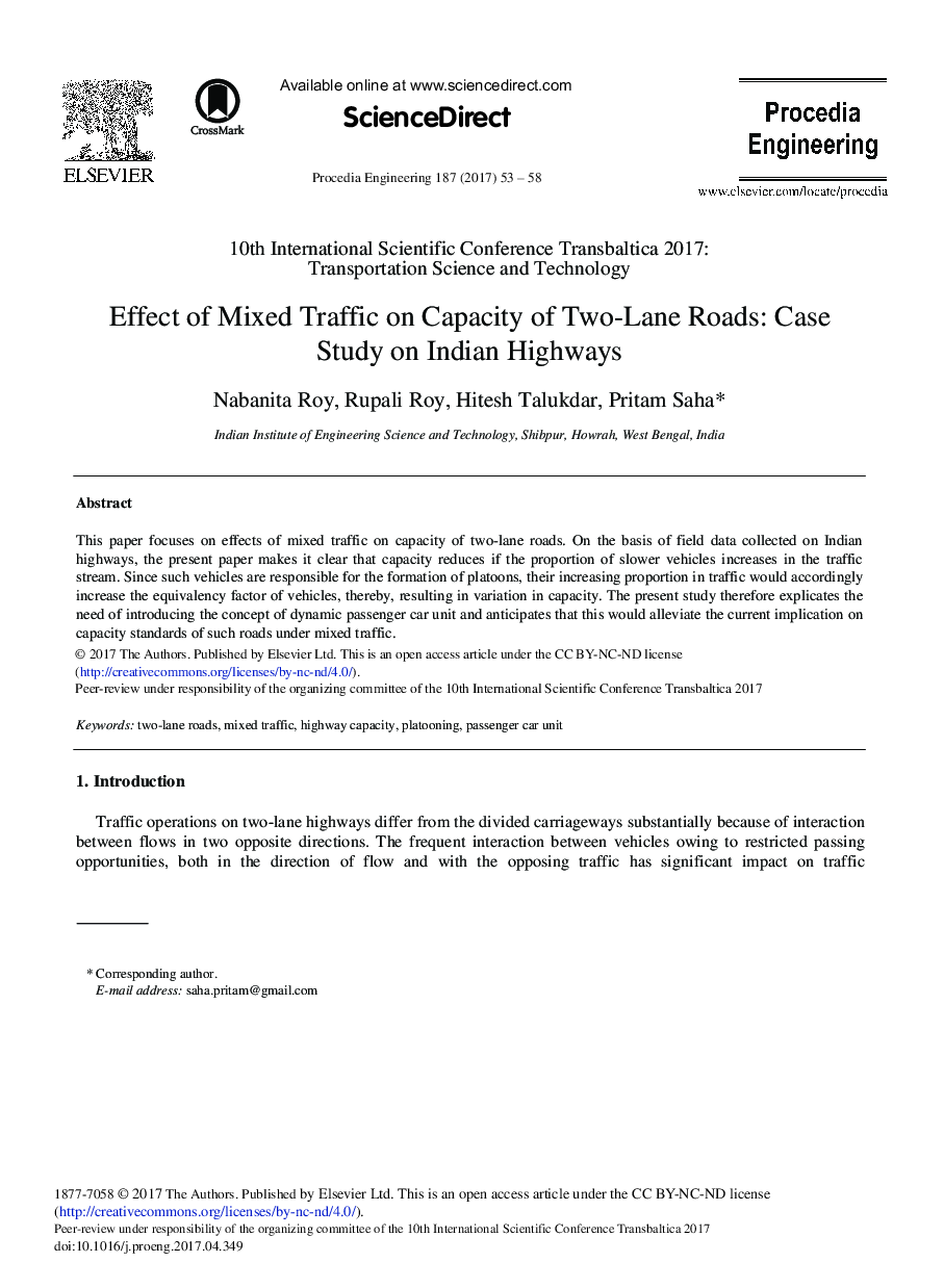 اثر ترافیک مخلوط بر ظرفیت خطوط دو لاین: مطالعه موردی بزرگراه های هند 