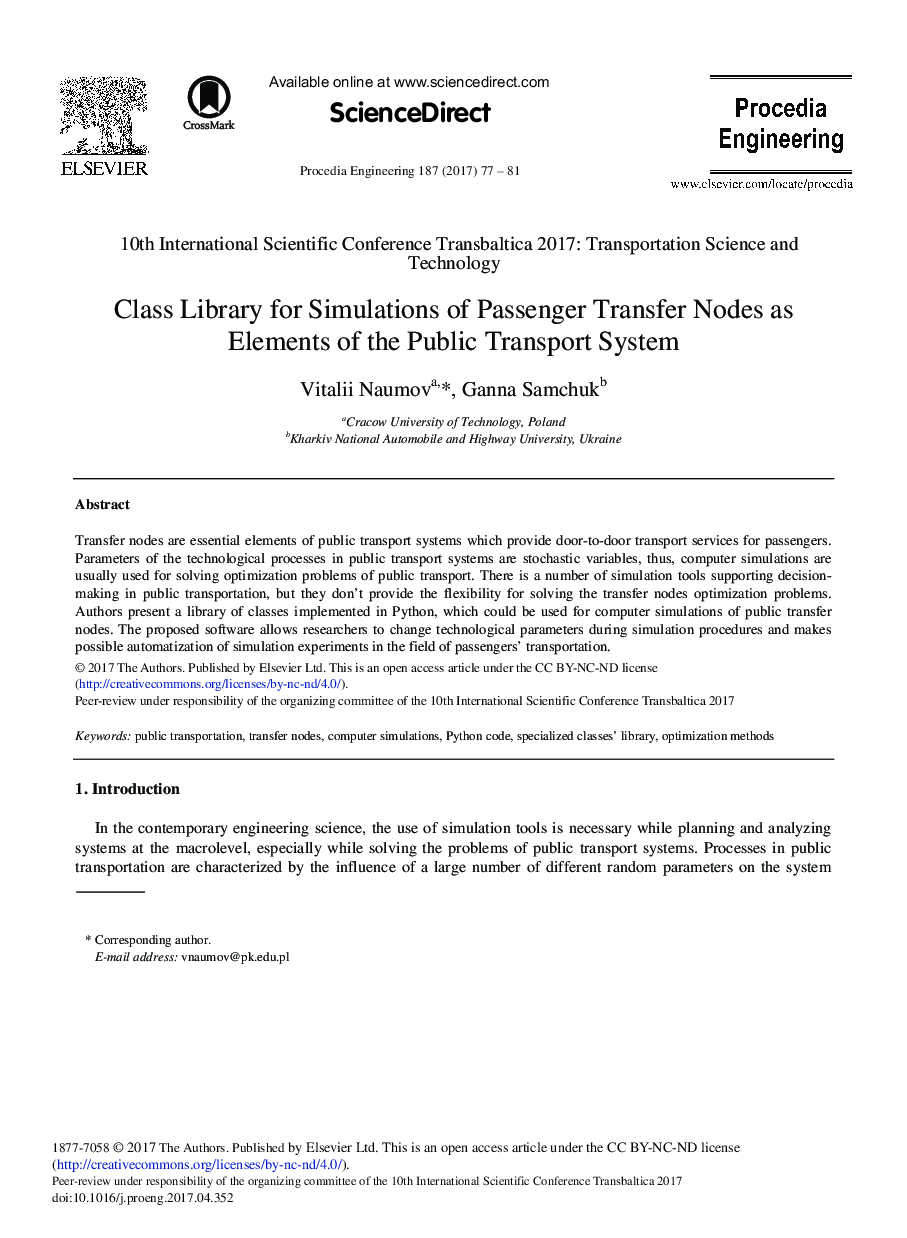 Class Library for Simulations of Passenger Transfer Nodes as Elements of the Public Transport System