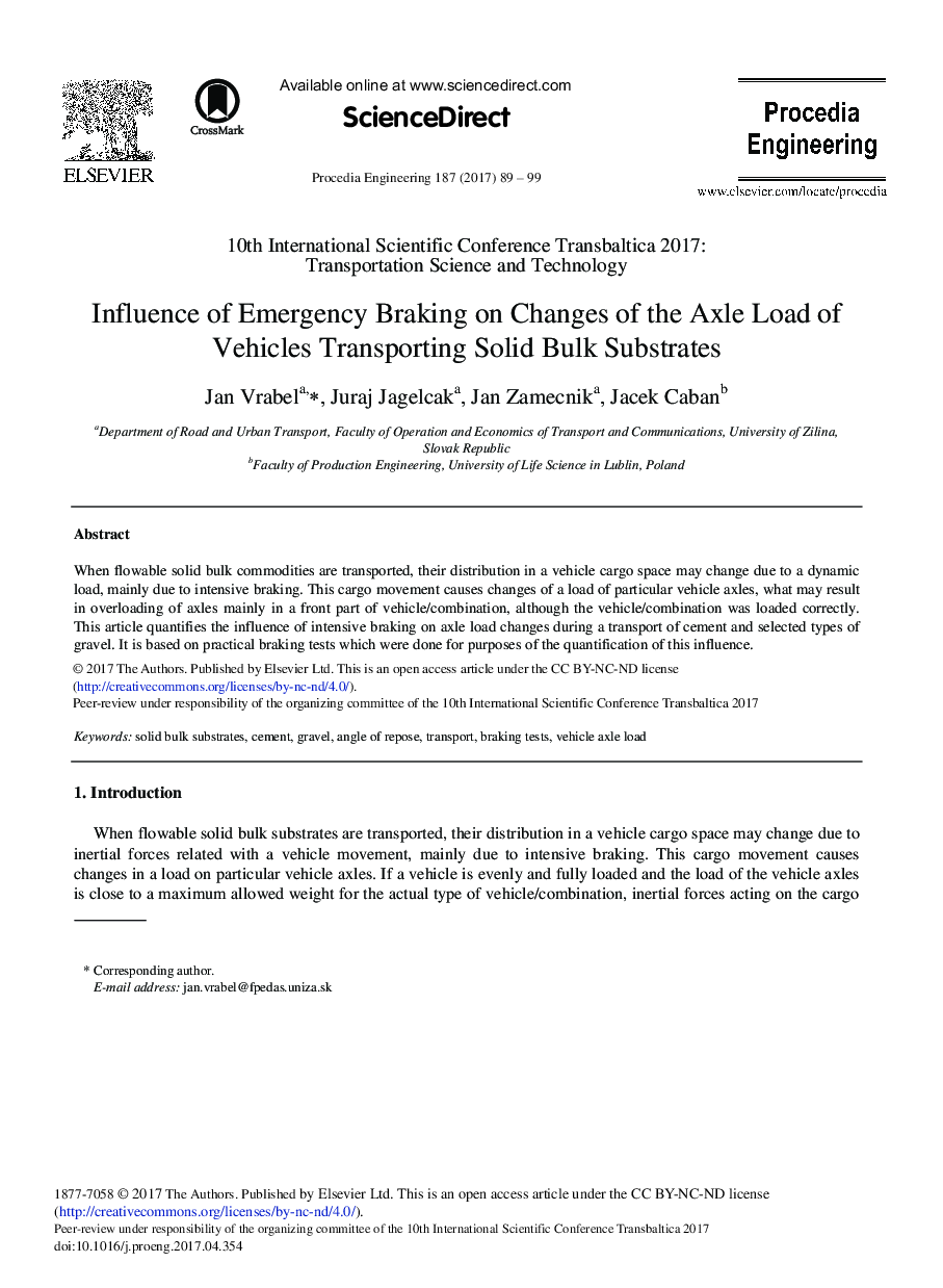 Influence of Emergency Braking on Changes of the Axle Load of Vehicles Transporting Solid Bulk Substrates