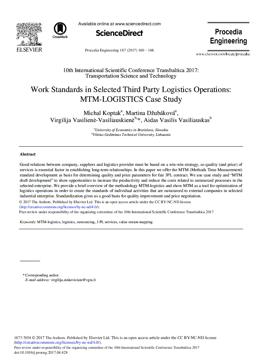 Work Standards in Selected Third Party Logistics Operations: MTM-LOGISTICS Case Study