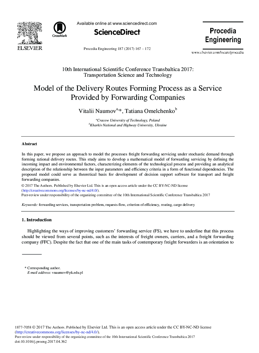 Model of the Delivery Routes Forming Process as a Service Provided by Forwarding Companies