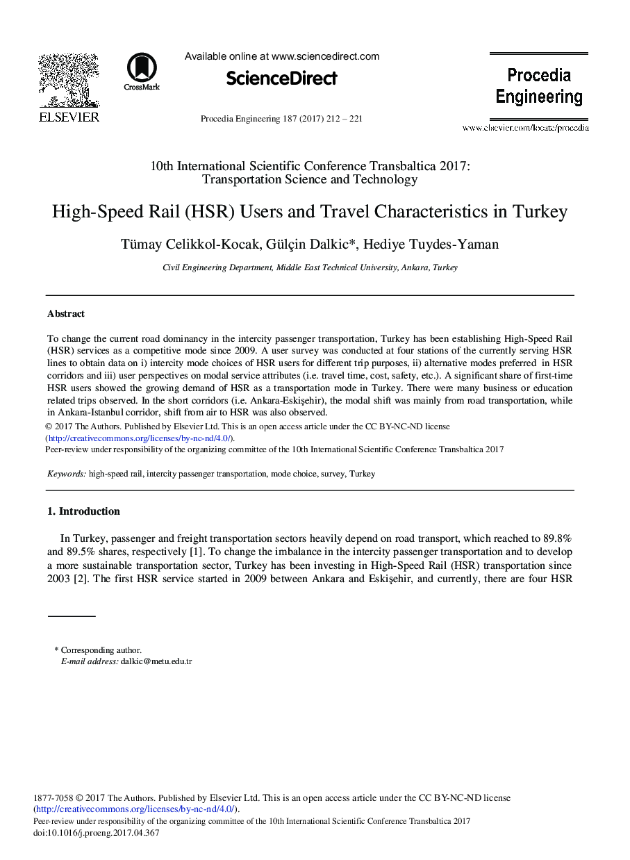 High-Speed Rail (HSR) Users and Travel Characteristics in Turkey