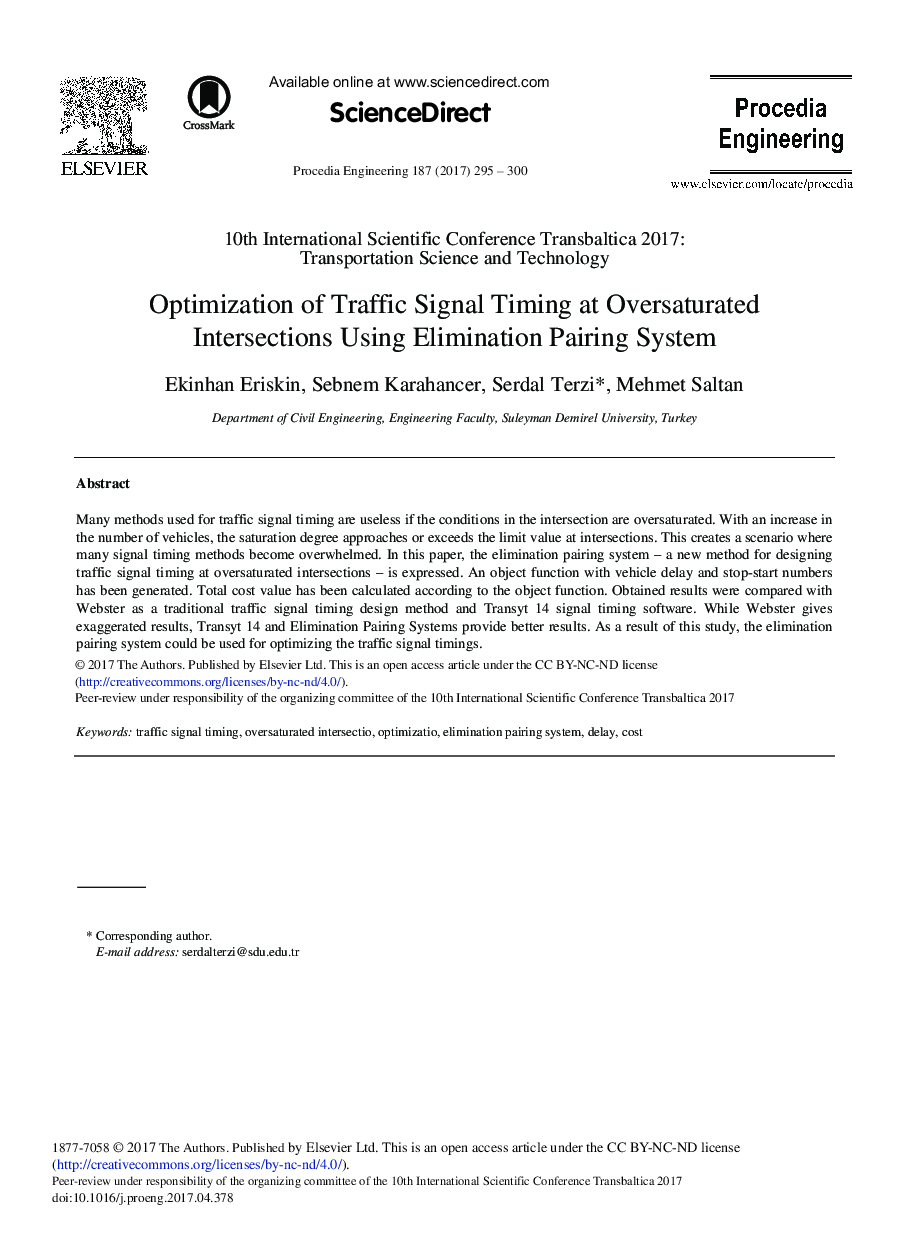 Optimization of Traffic Signal Timing at Oversaturated Intersections Using Elimination Pairing System