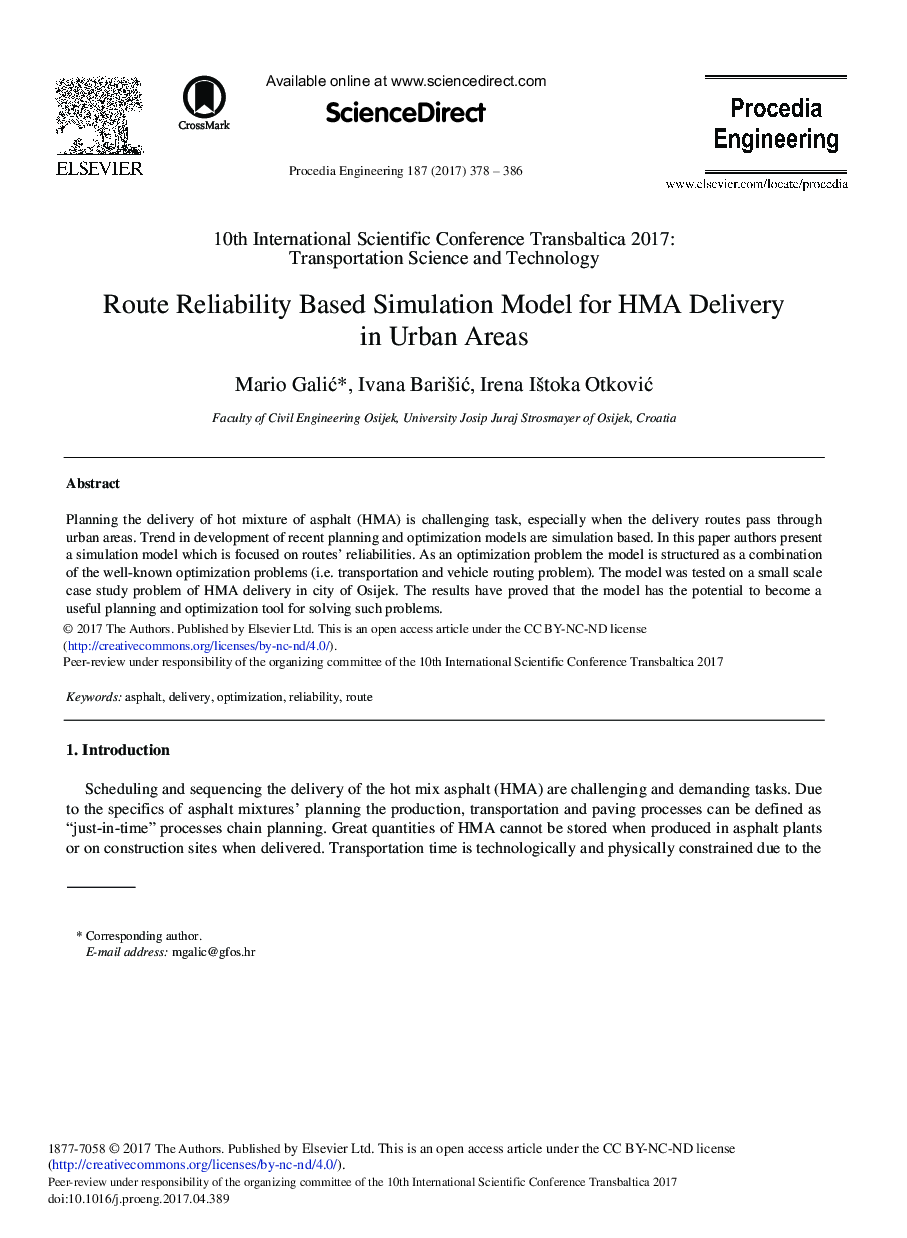 Route Reliability Based Simulation Model for HMA Delivery in Urban Areas