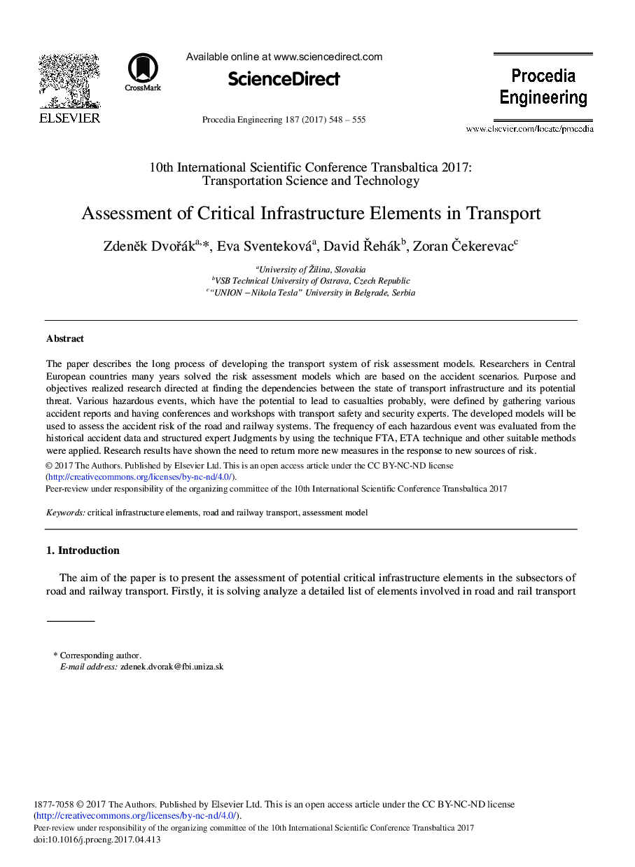 Assessment of Critical Infrastructure Elements in Transport