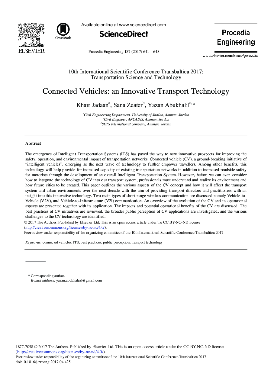 Connected Vehicles: An Innovative Transport Technology