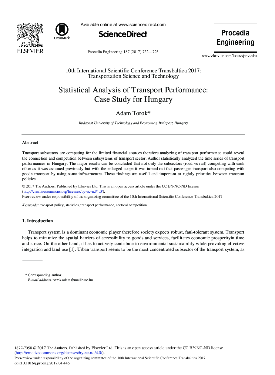 Statistical Analysis of Transport Performance: Case Study for Hungary