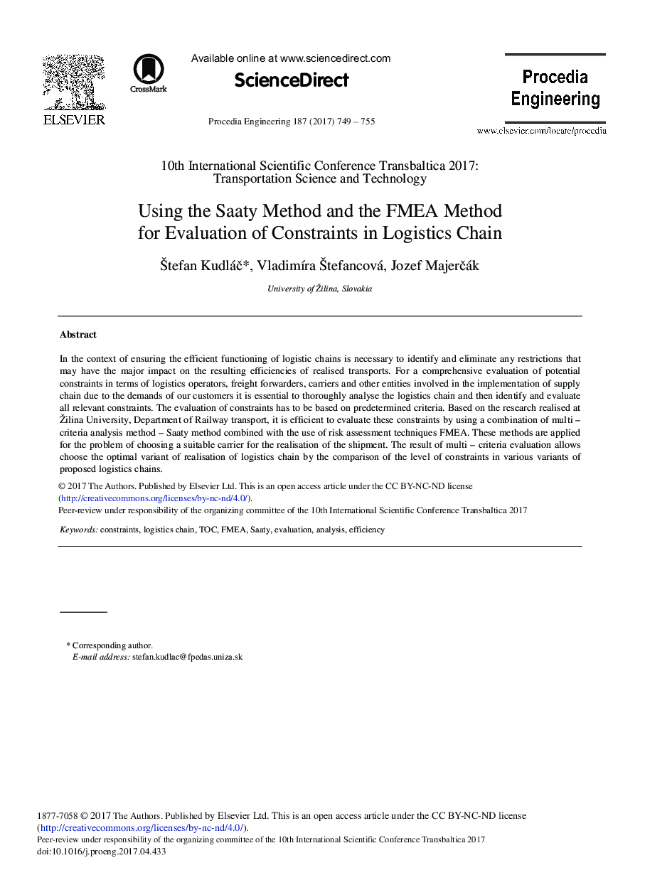 Using the Saaty Method and the FMEA Method for Evaluation of Constraints in Logistics Chain