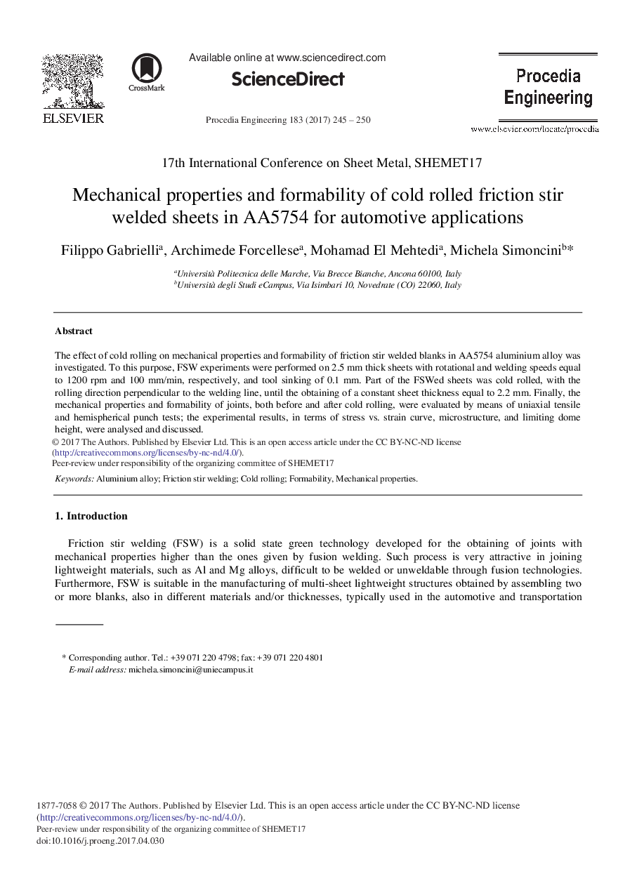 Mechanical Properties and Formability of Cold Rolled Friction Stir Welded Sheets in AA5754 for Automotive Applications